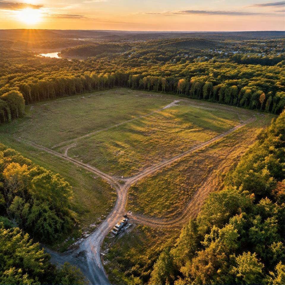 Open residential site bordered by woodland at golden hour