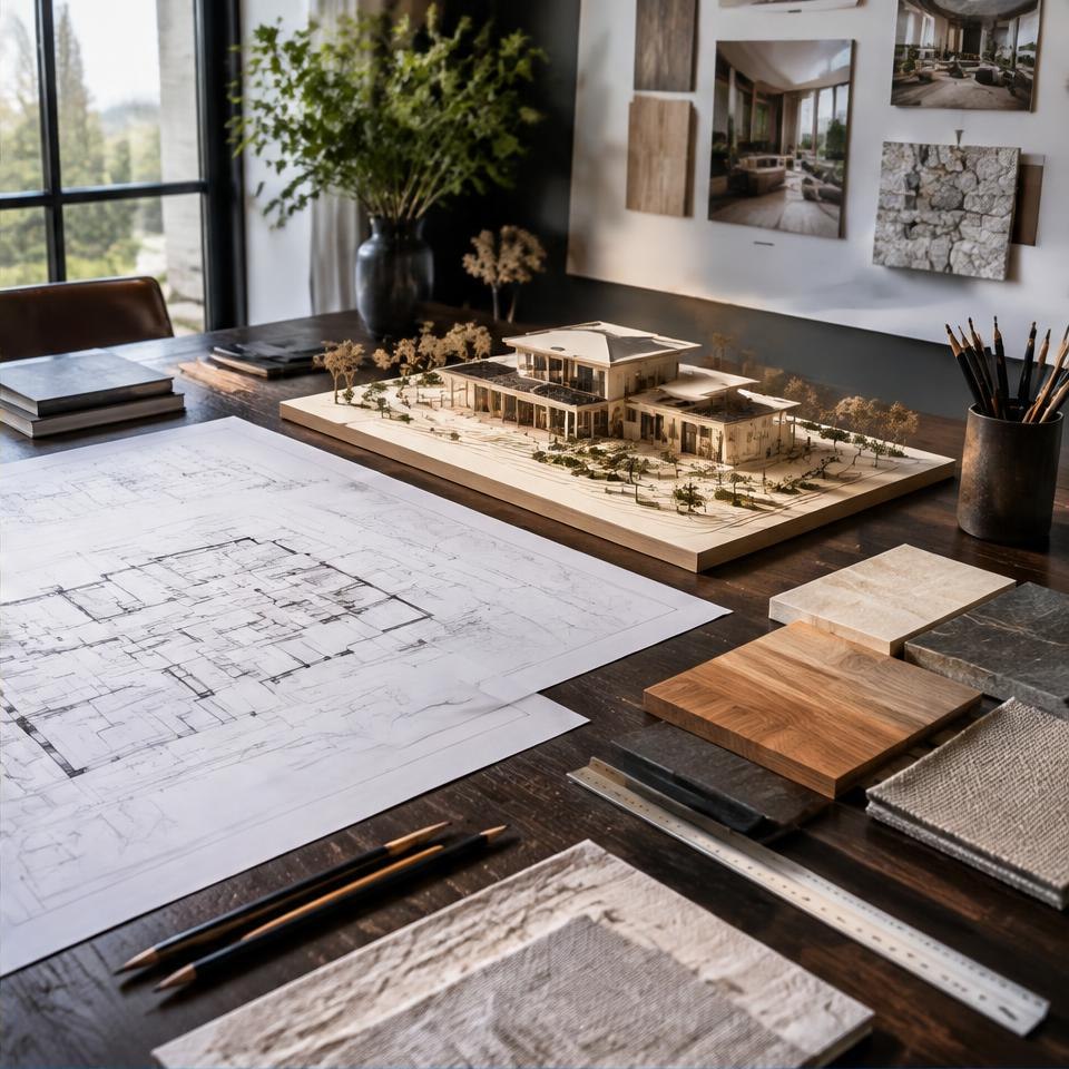 Architectural plans and a physical model in a design studio