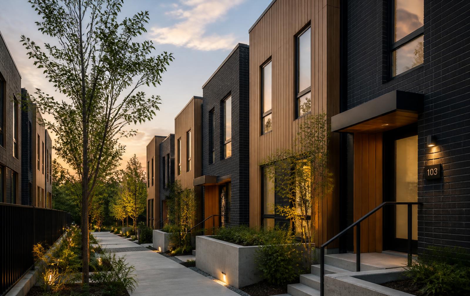 Modern townhome community with landscaped pedestrian walkway