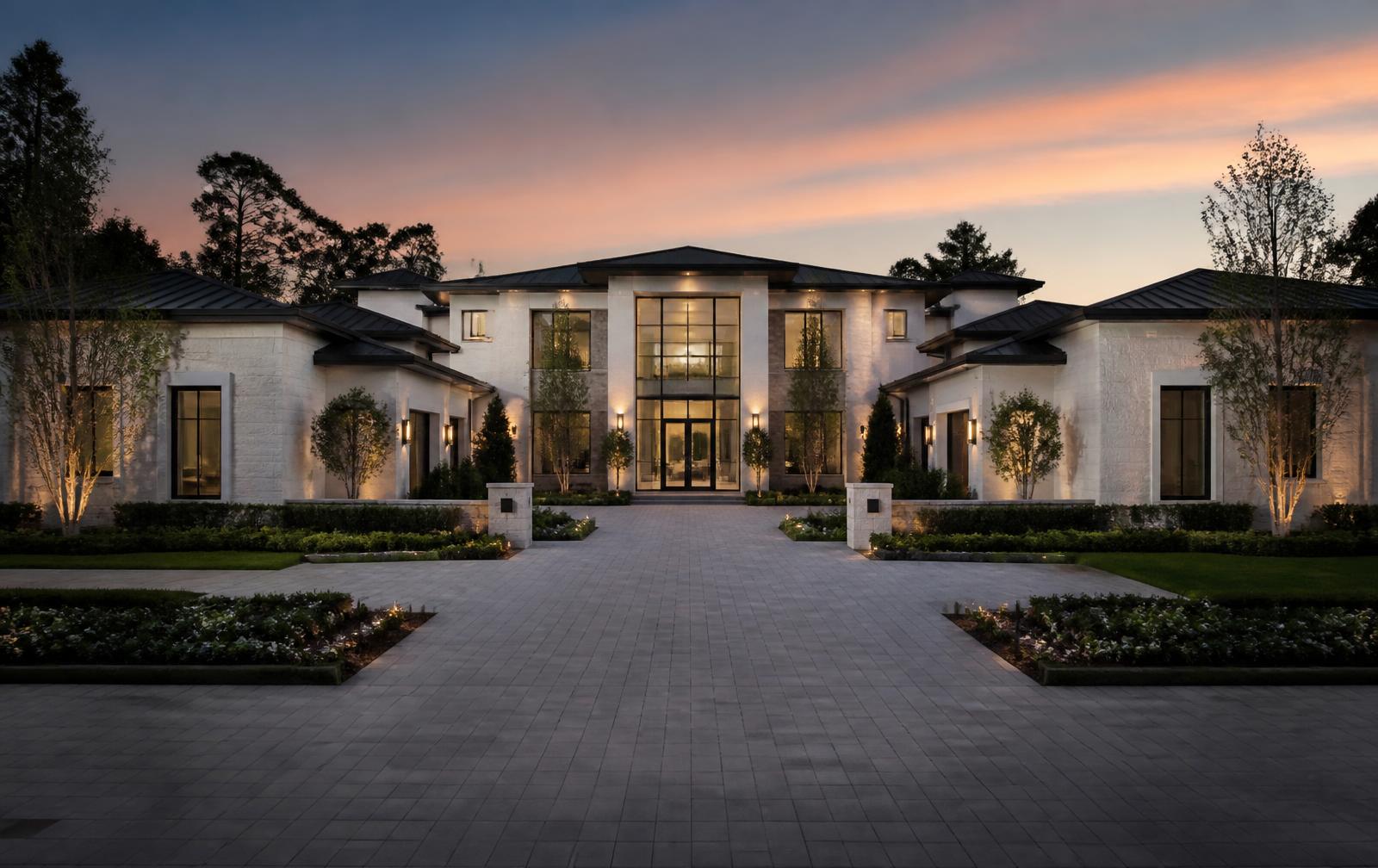 Grand custom modern estate with stone motor court at dusk