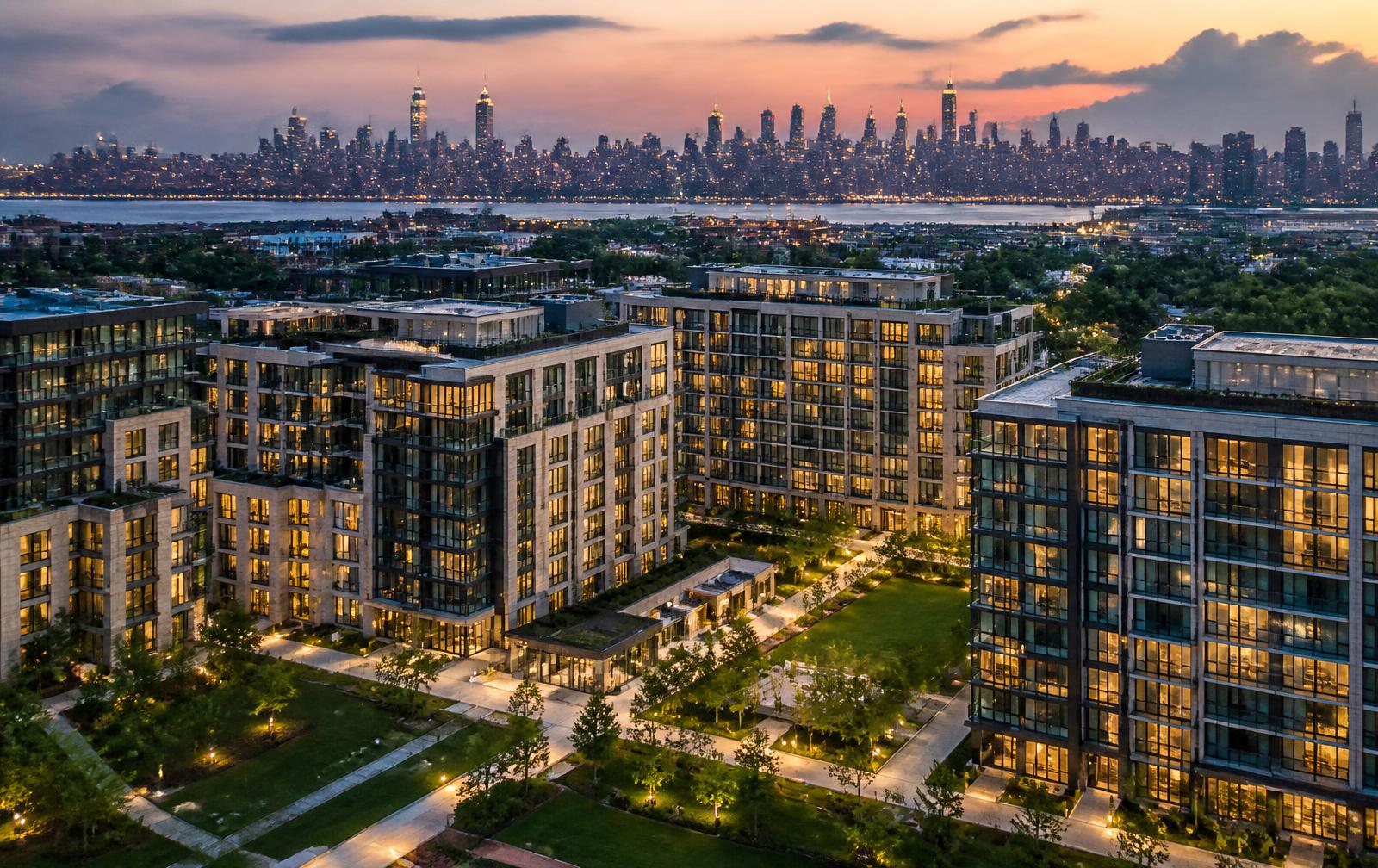 Aerial view of a large modern condominium development at dusk