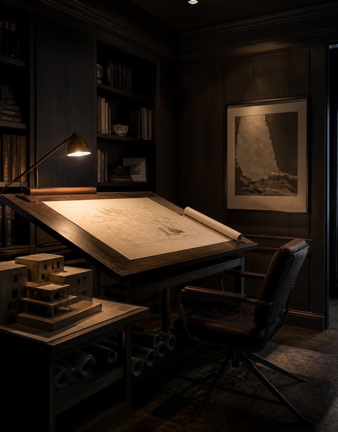 Architectural study with drafting table, plans and a building model