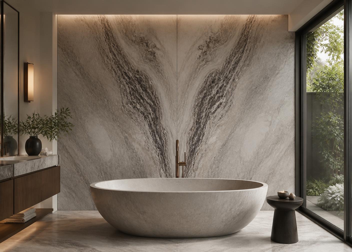 Serene modern luxury bathroom with book-matched stone and a stone tub