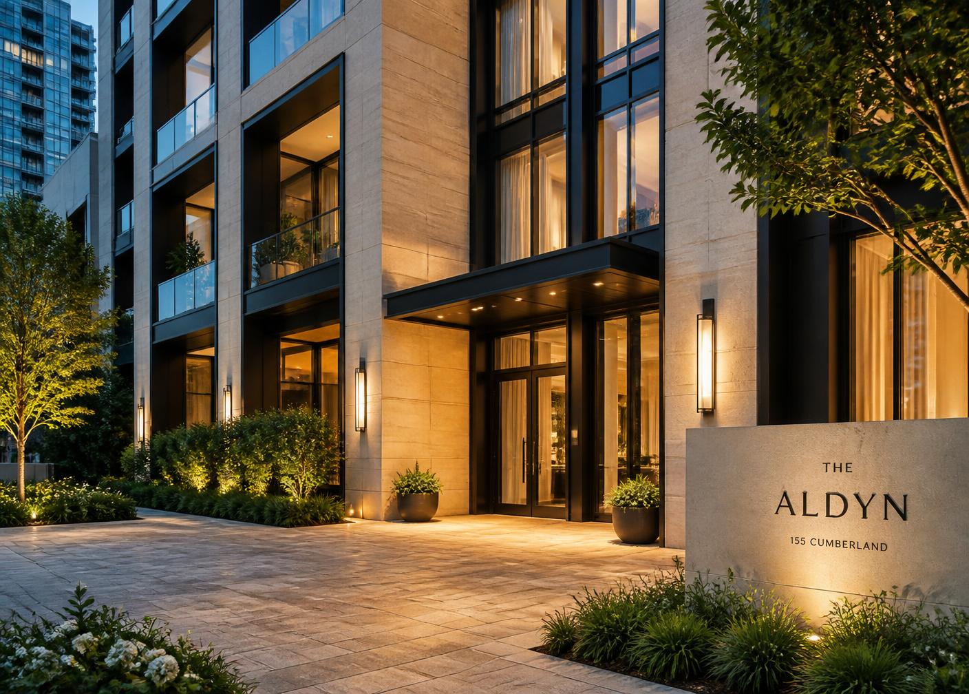 Modern condominium building exterior with landscaped entry forecourt