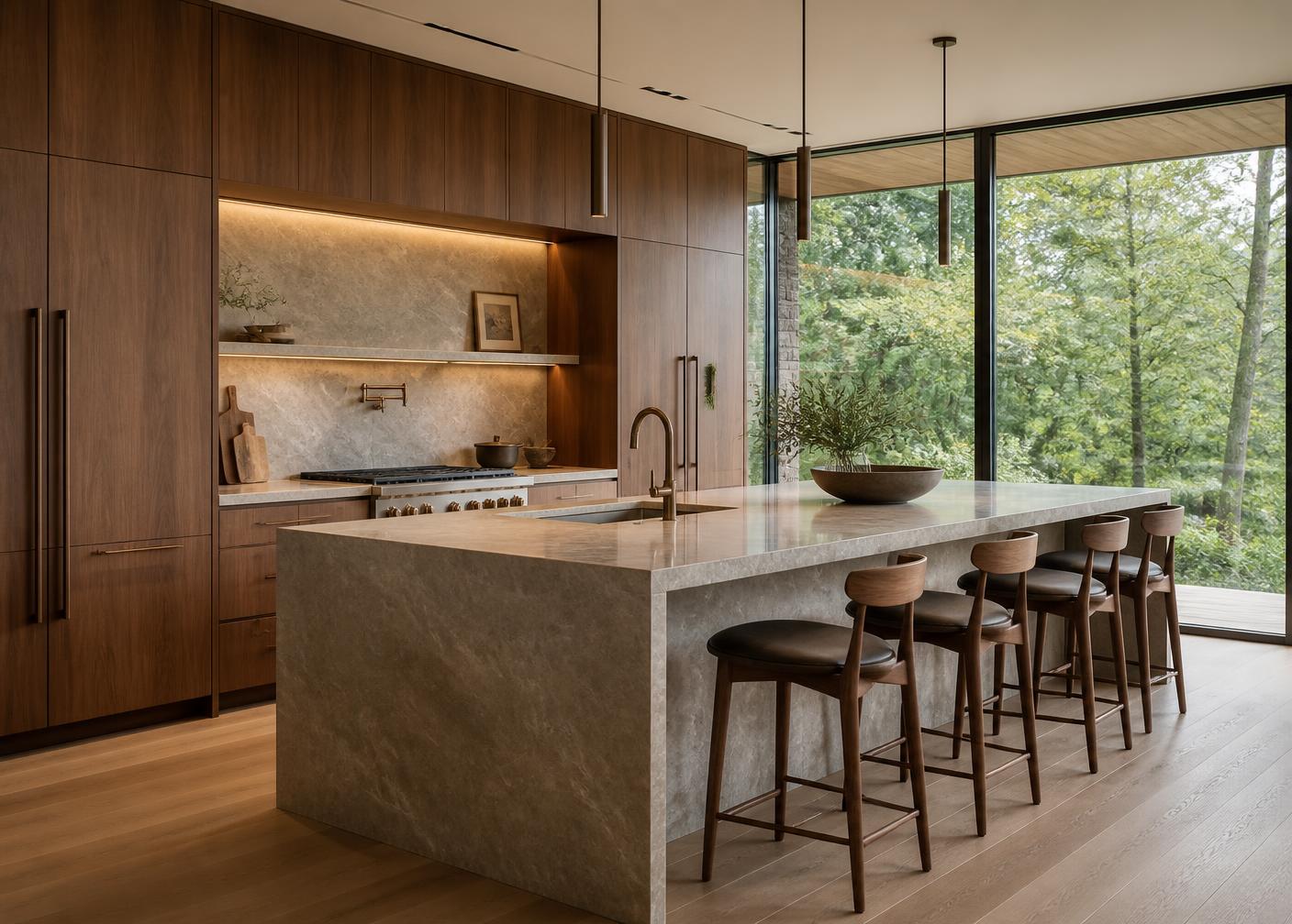 Modern luxury kitchen with stone waterfall island and walnut cabinetry