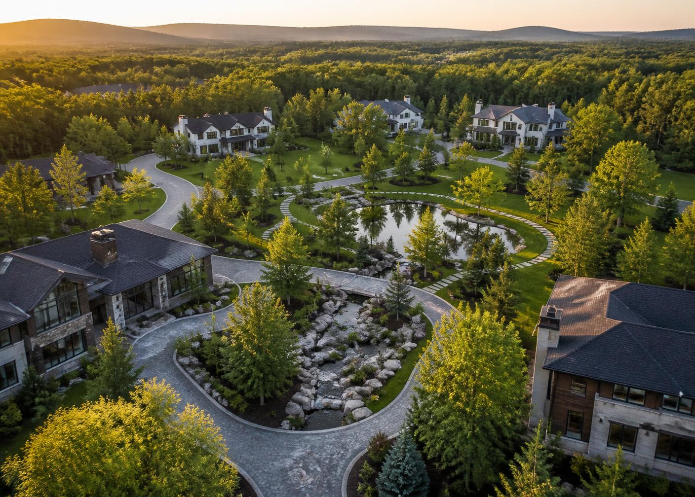 Aerial view of a landscaped residential development at golden hour