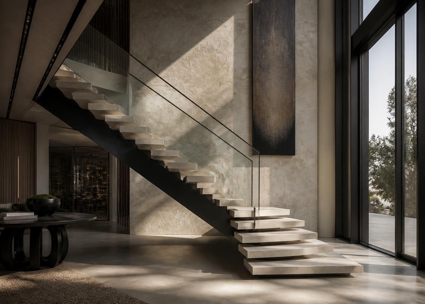 Sculptural floating stone staircase in a double-height modern interior