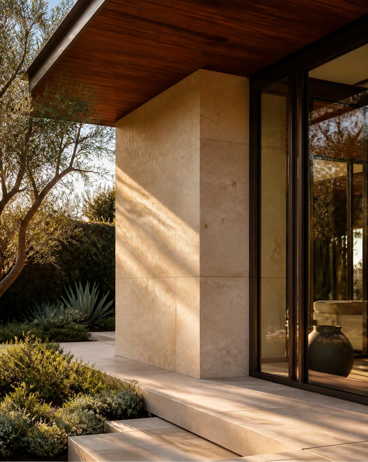 Limestone wall meeting bronze-framed glass on a contemporary luxury residence