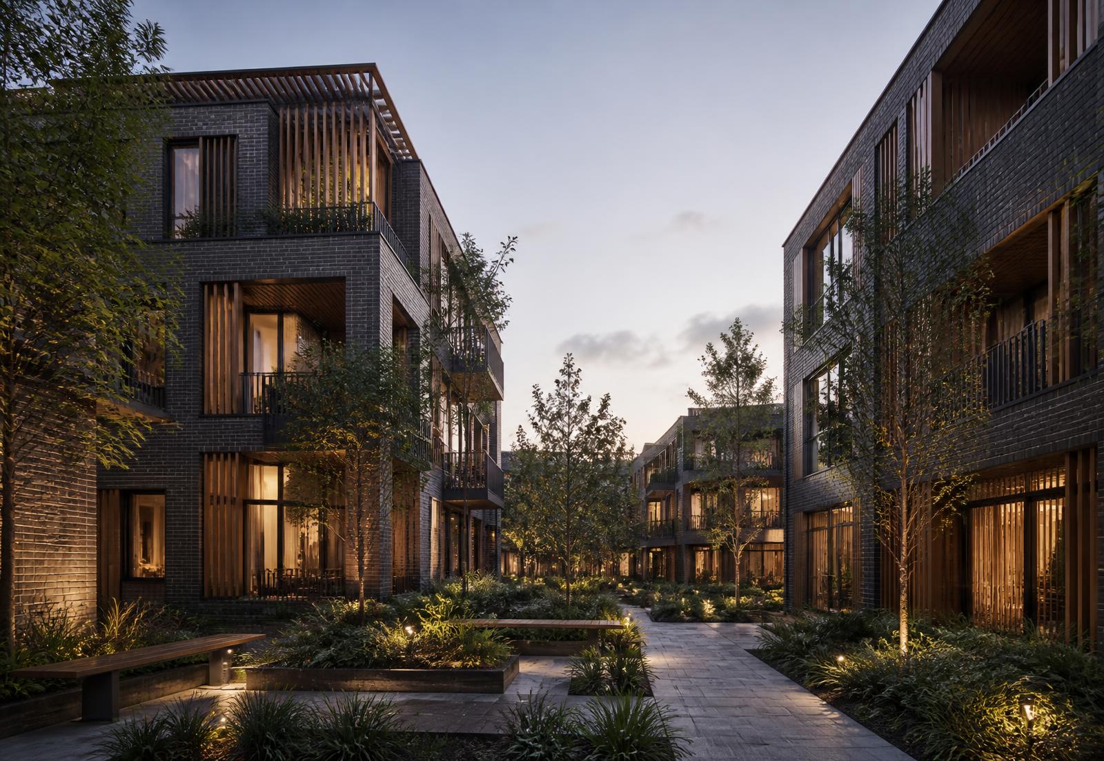 Boutique modern residential development with landscaped courtyard at dusk