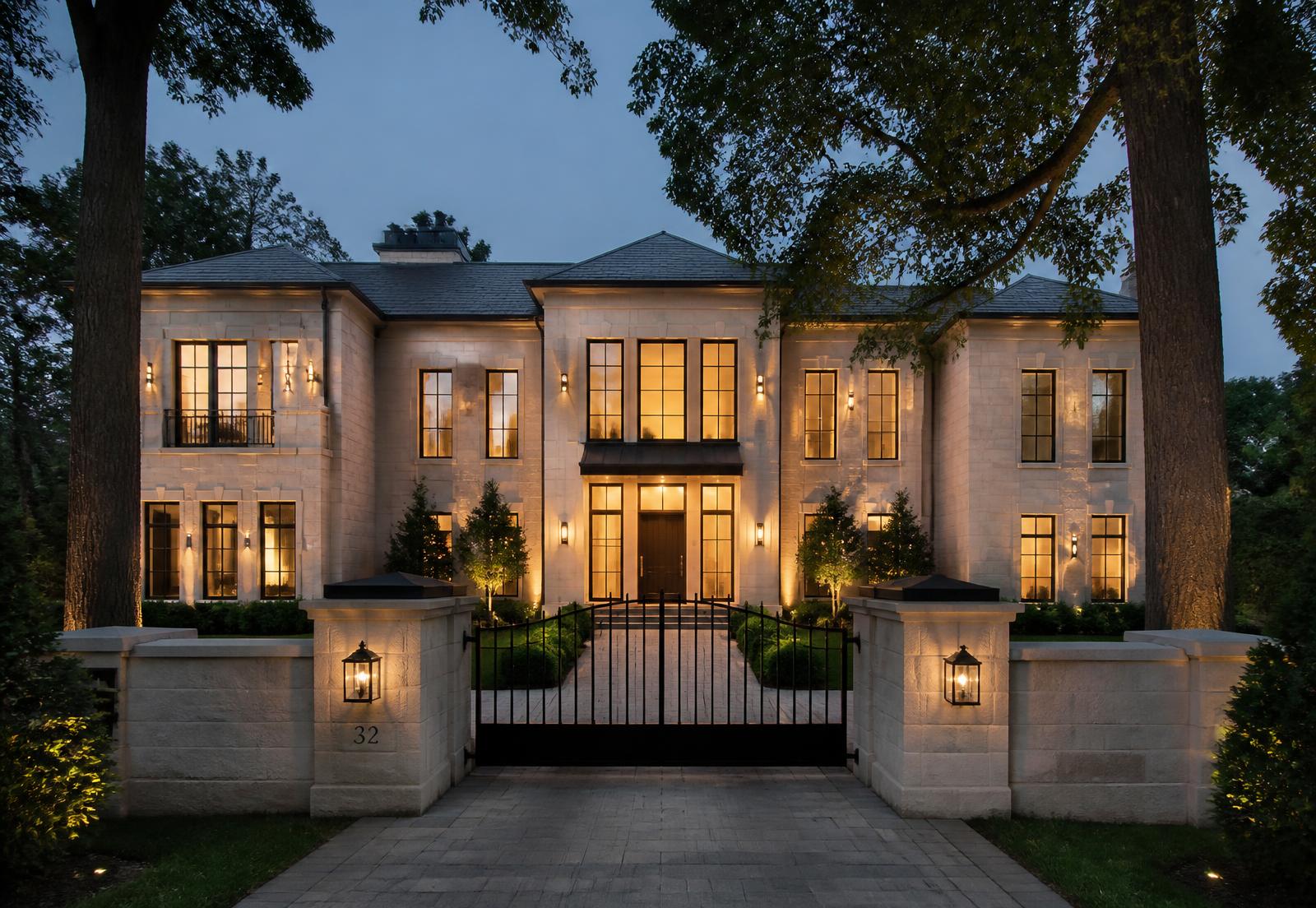 Stately contemporary stone estate home behind a gated entry at dusk