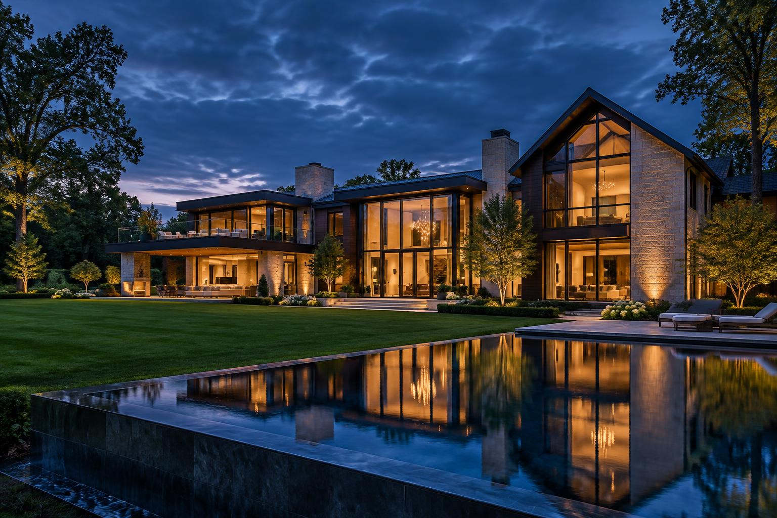Grand contemporary residential architecture at dusk