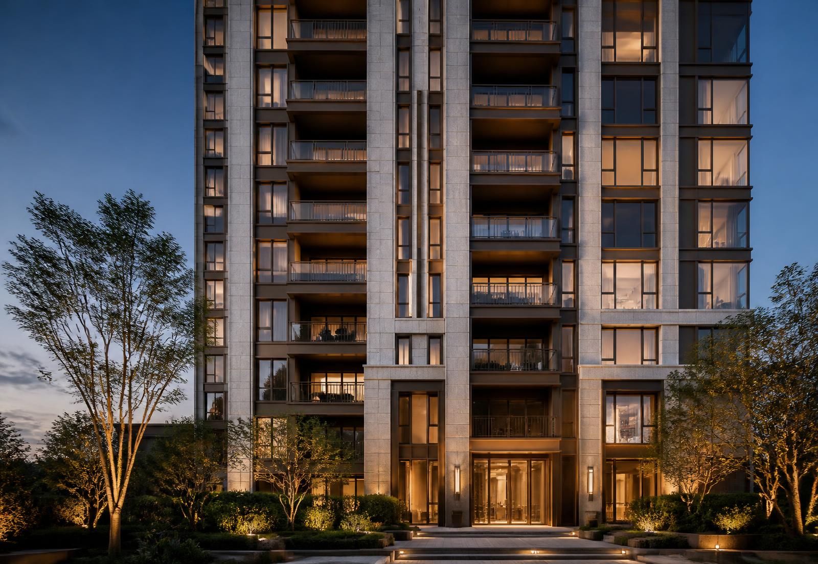Modern residential condominium tower facade in limestone and bronze at dusk
