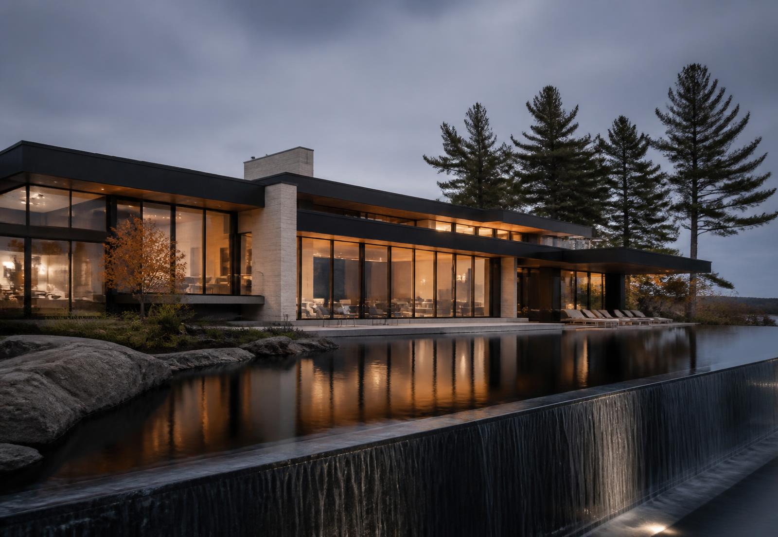 Modern luxury residence at twilight beside a reflecting water feature