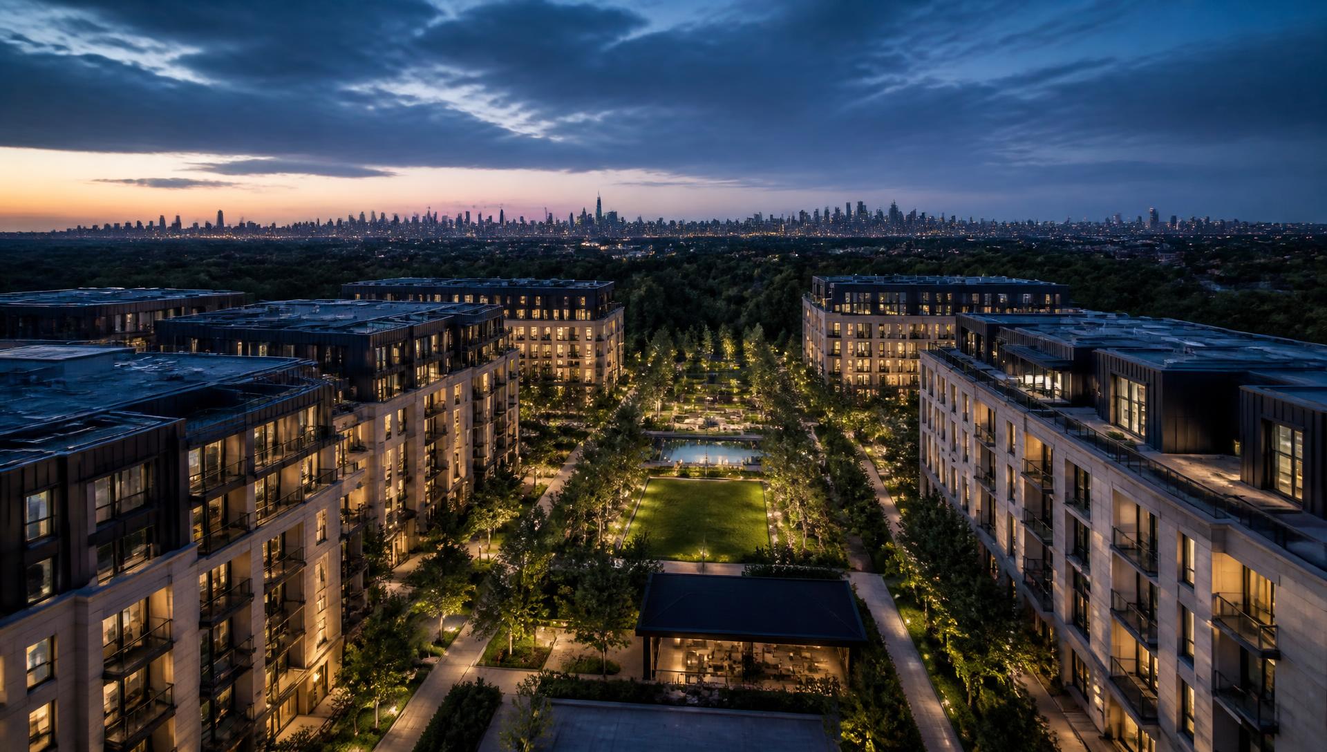 Aerial view at blue hour of a large modern residential condominium community